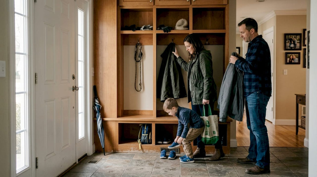 Family using mud locker entryway