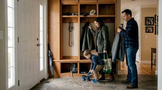 Family using mud locker entryway