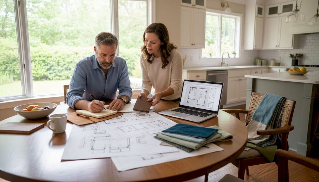 Designer and homeowner reviewing custom furniture sketches