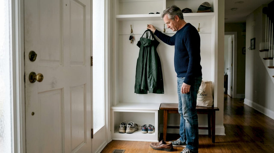 Man using built-in entryway storage bench