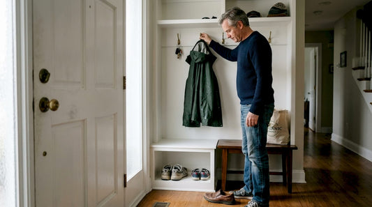 Man using built-in entryway storage bench