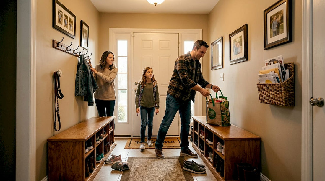 Family entering Maryland home with custom entryway furniture