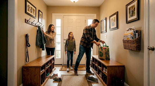 Family entering Maryland home with custom entryway furniture