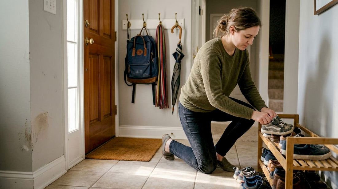 Mother organizing entryway shoes at front door