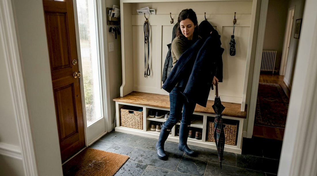 Woman using custom entryway mudroom bench
