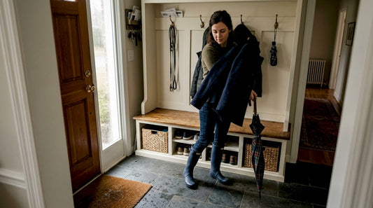 Woman using custom entryway mudroom bench