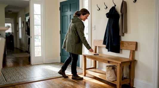 Homeowner using handcrafted entryway bench Maryland