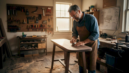 Furniture maker hand-sanding a wooden bench
