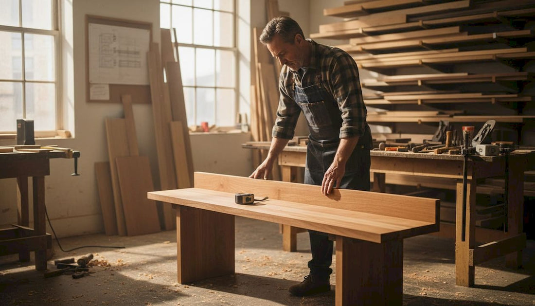 Furniture maker inspects entryway bench materials