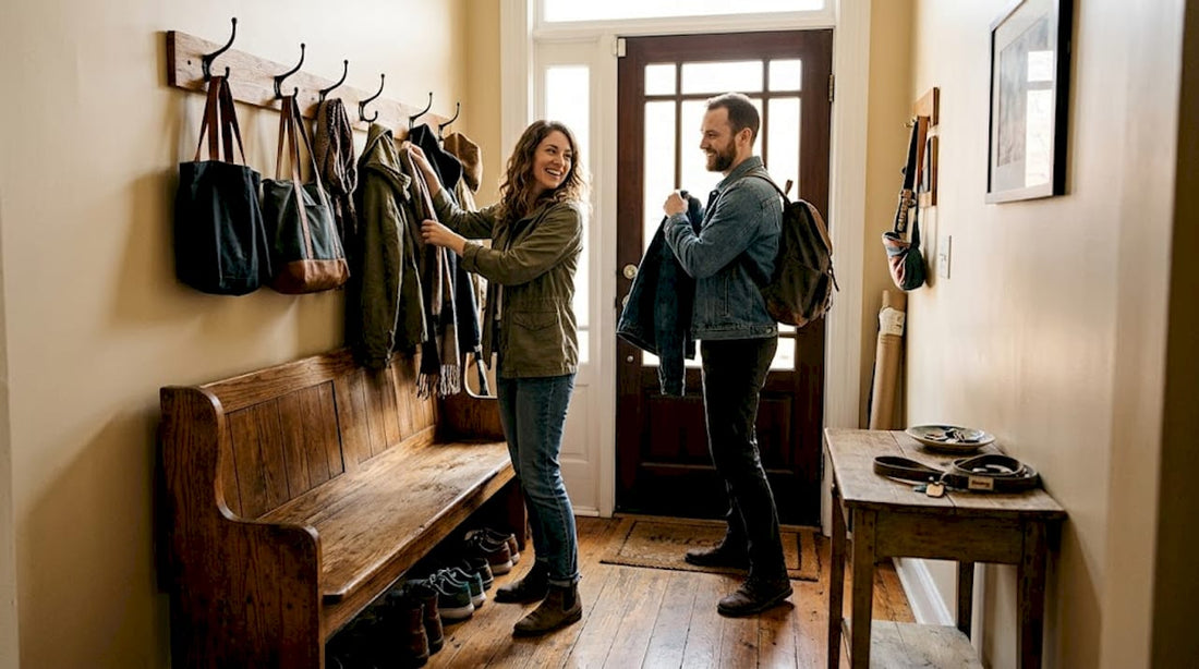 Couple using personalized entryway bench and hooks