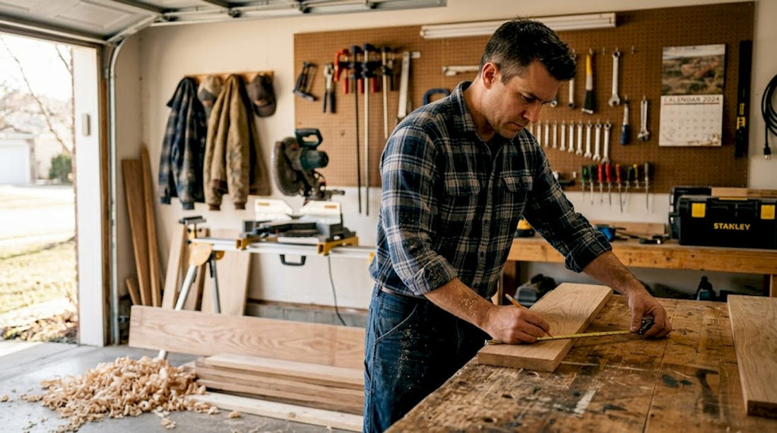 Man measuring wood in home workshop for entryway furniture