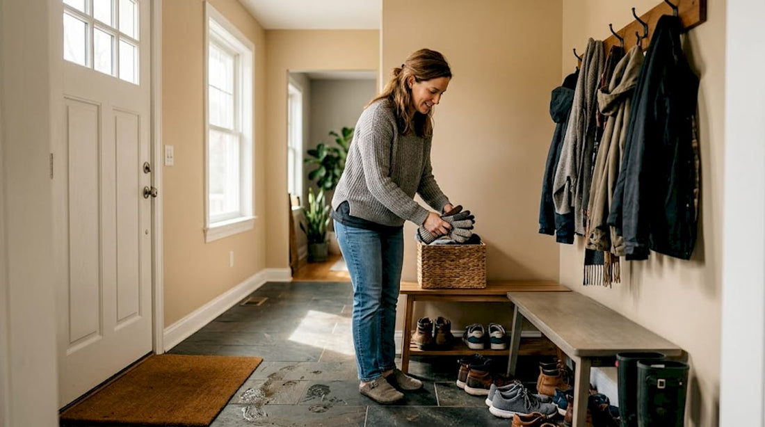 Homeowner organizing a Maryland mudroom