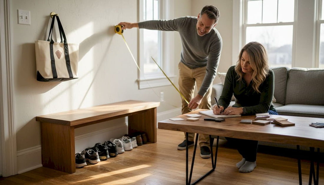 Couple planning custom entryway furniture at home