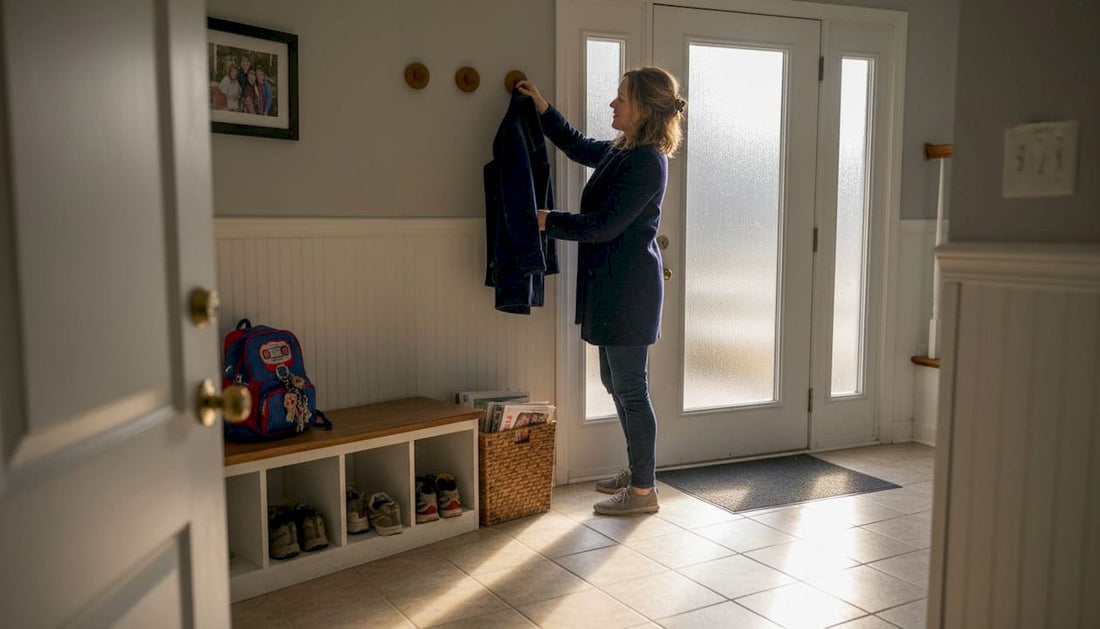 Lived-in Maryland family entryway, organized and bright