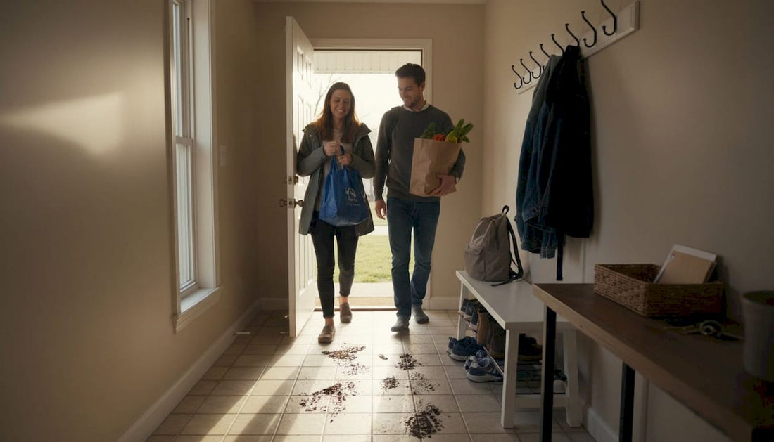 Maryland family entering an organized home entryway