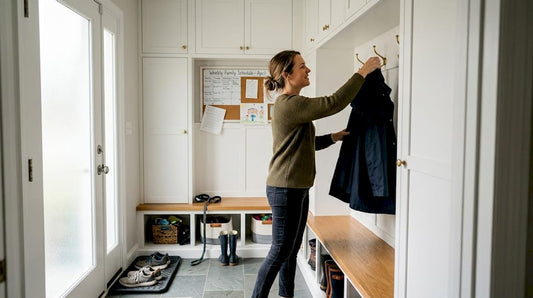 Homeowner organizing custom mudroom storage