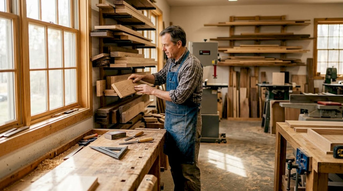 Maryland craftsman selecting wood in workshop