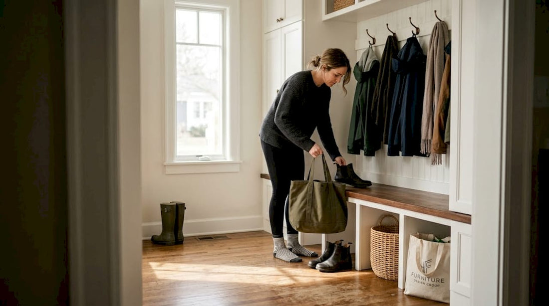 Modern entryway storage in real family home