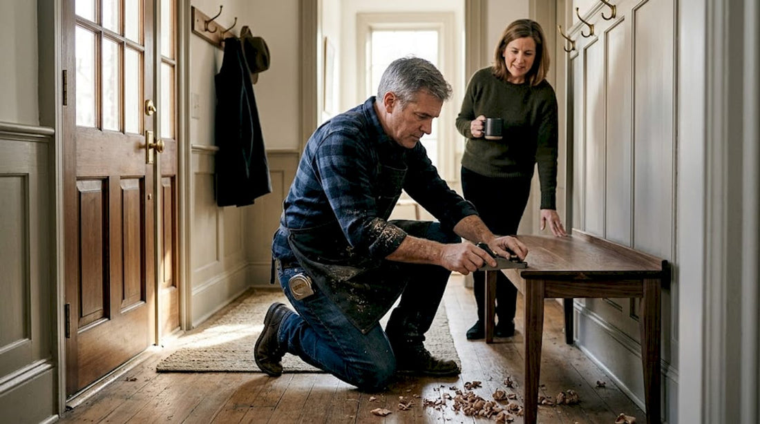 Furniture maker installing bench in Maryland entryway