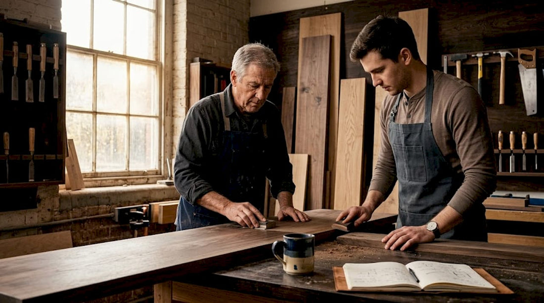 Family team sanding wood bench in workshop