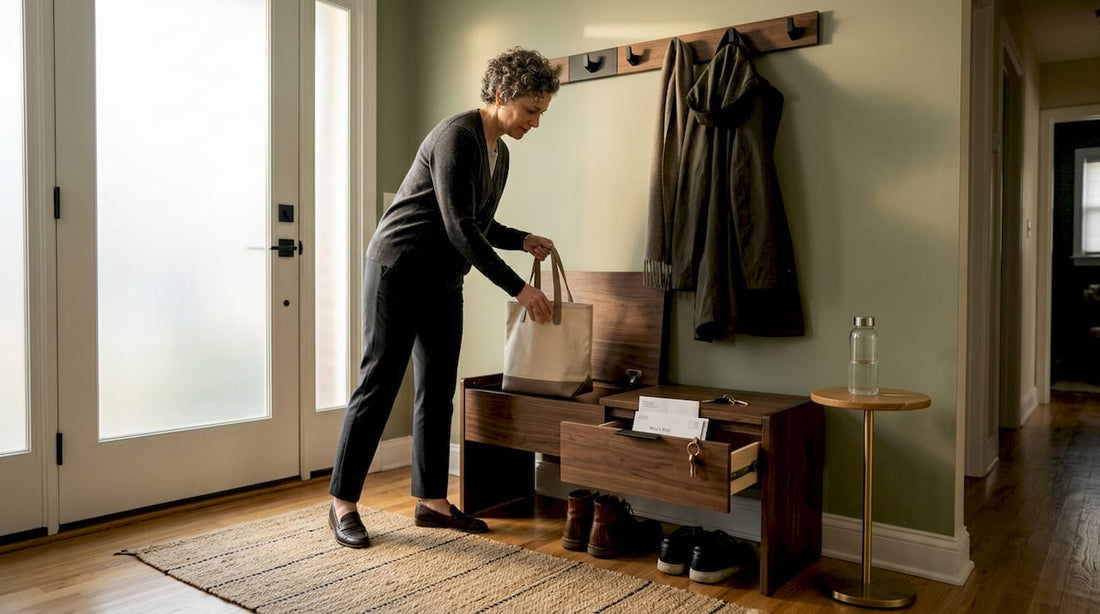 Homeowner using storage bench in Maryland entryway