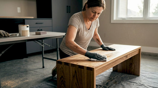 Woodworker finishing custom bench in workshop