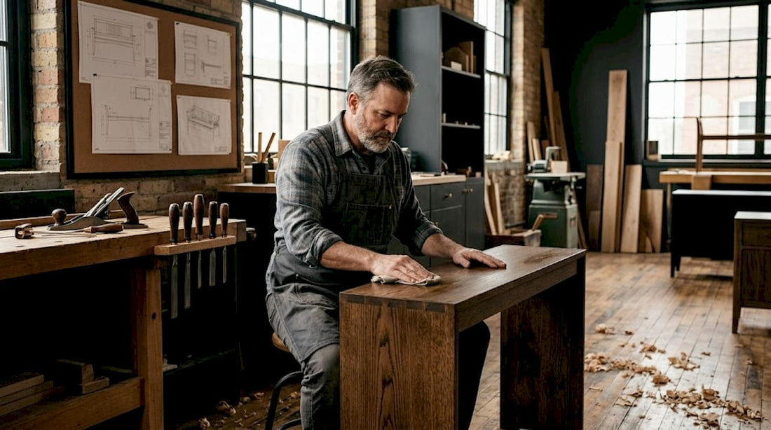Craftsperson finishing custom entryway bench