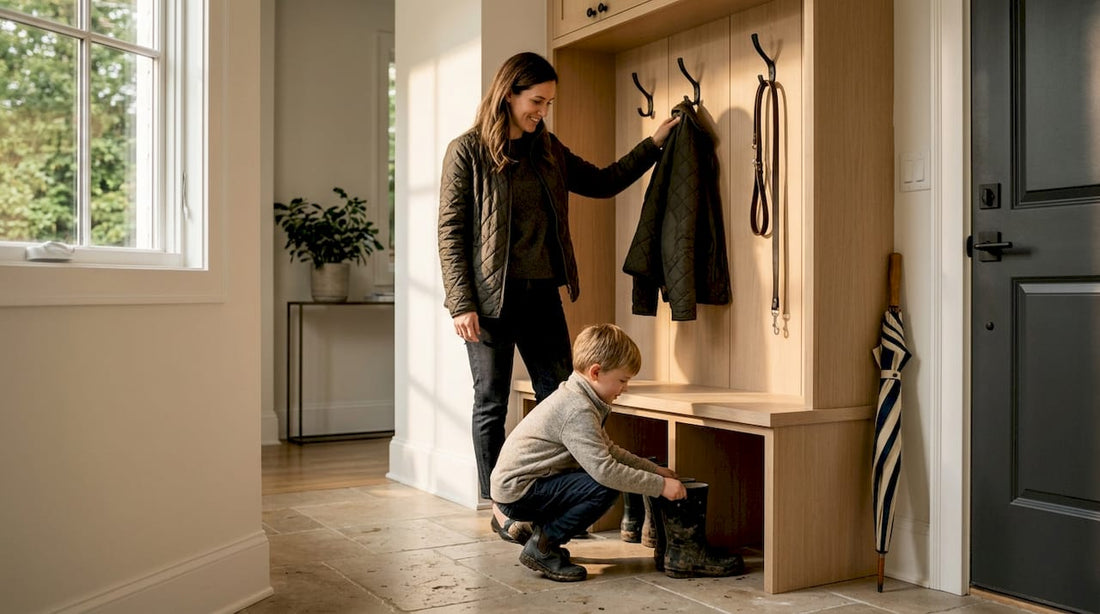 Family organizing entryway with mud locker unit