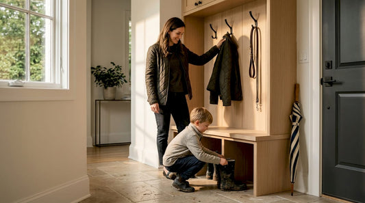 Family organizing entryway with mud locker unit