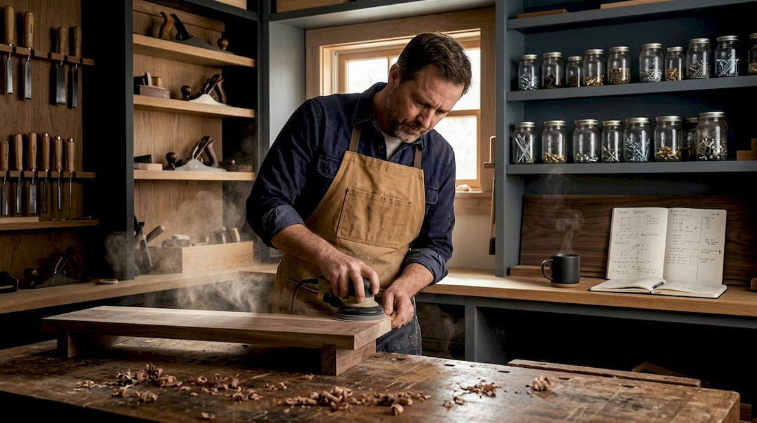 Woodworker sanding bench in cozy workshop
