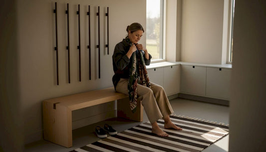Woman arranging scarf on Scandinavian entryway bench