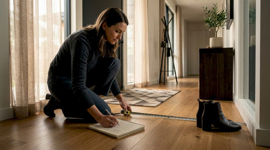 Woman sketches entryway measuring layout