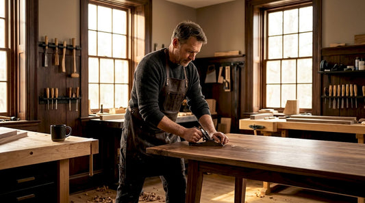 Artisan craftsman working on hardwood furniture