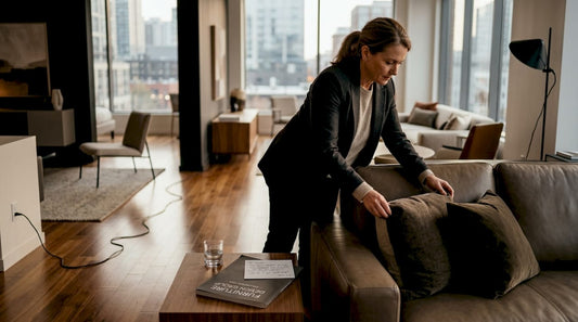 Manager arranging cushions in stylish furniture showroom