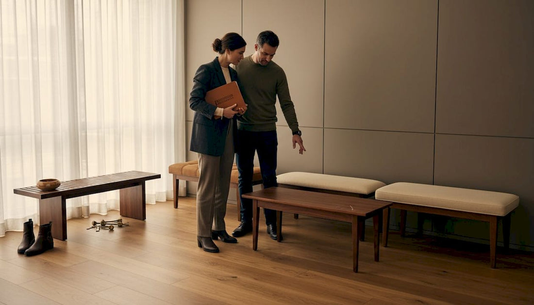 Couple comparing entryway benches in home