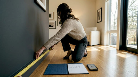 Woman measuring living room floor with tape