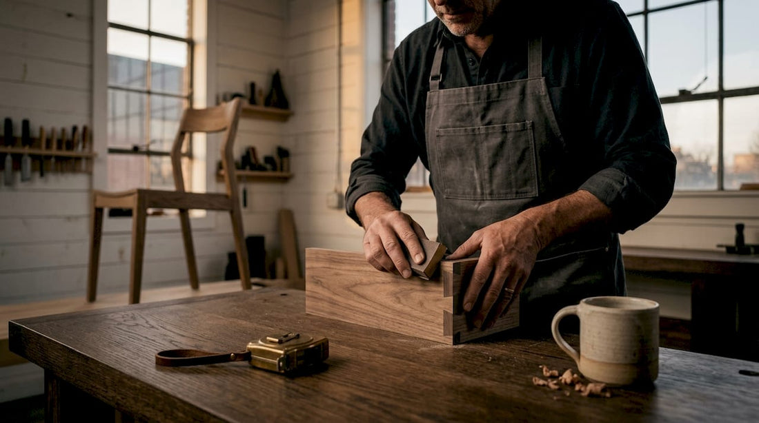 Woodworker sanding dovetail joint in studio
