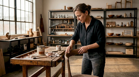 Woman sanding wooden chair in sunlit kitchen