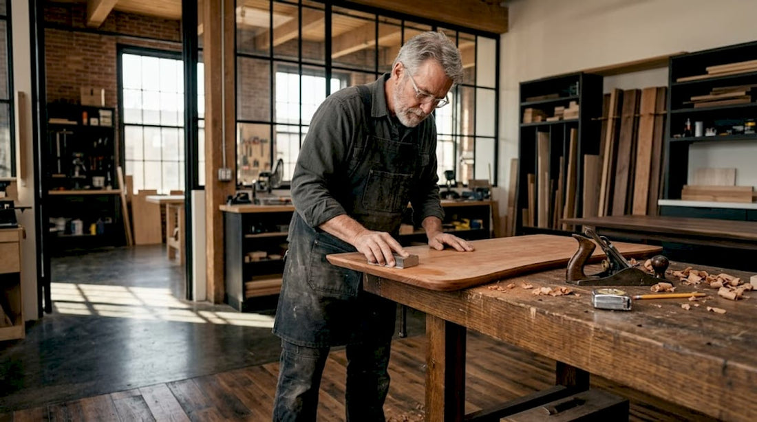 Craftsman sanding hardwood tabletop in workshop