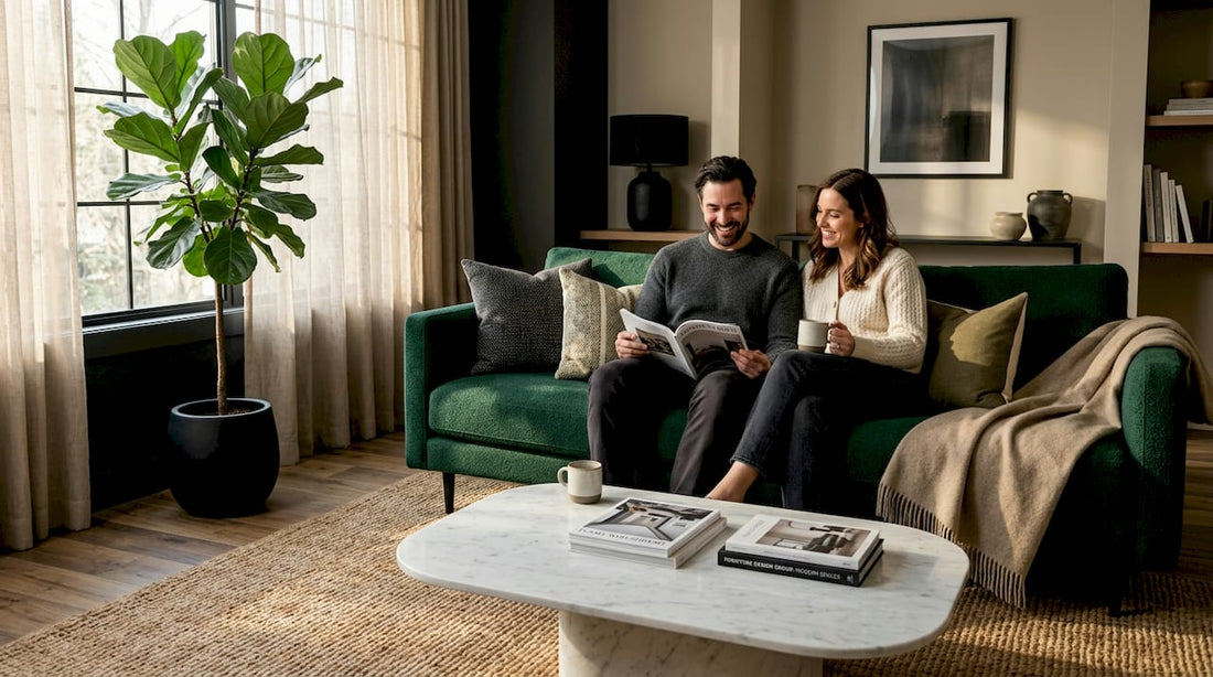 Couple relaxing on curved sofa in sunlit living room