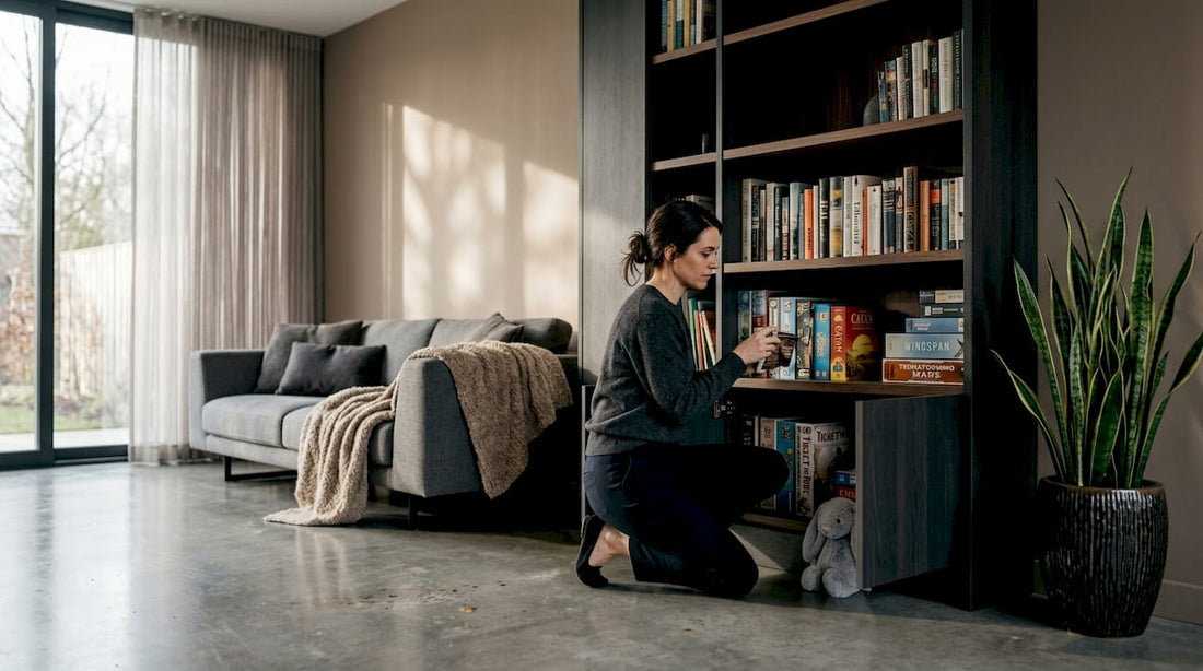 Homeowner organizes custom storage in real living room