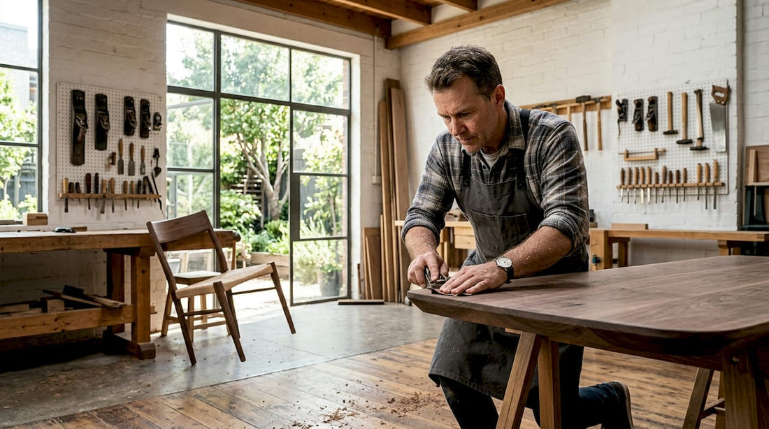 Furniture maker working in 2026 woodworking studio