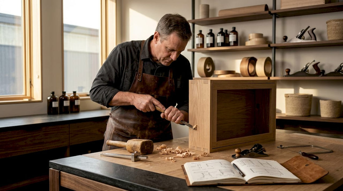 Craftsman hand-carving dovetail joints on wood