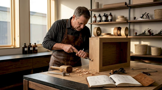 Craftsman hand-carving dovetail joints on wood
