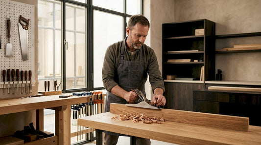 Craftsman planing wood in workshop
