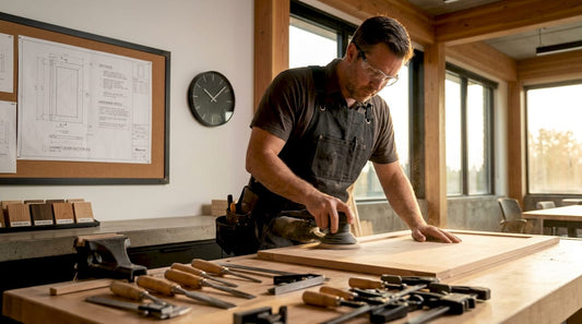 Woodworker sanding custom wooden cabinet panel